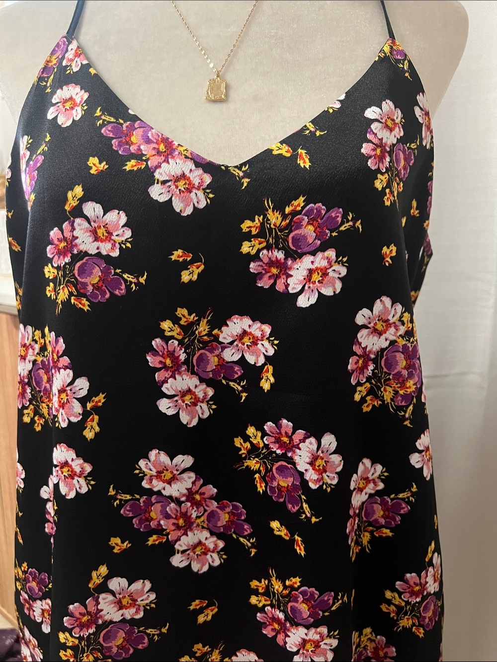 Floral Black spaghetti strap top with Pink & Purple Blooms